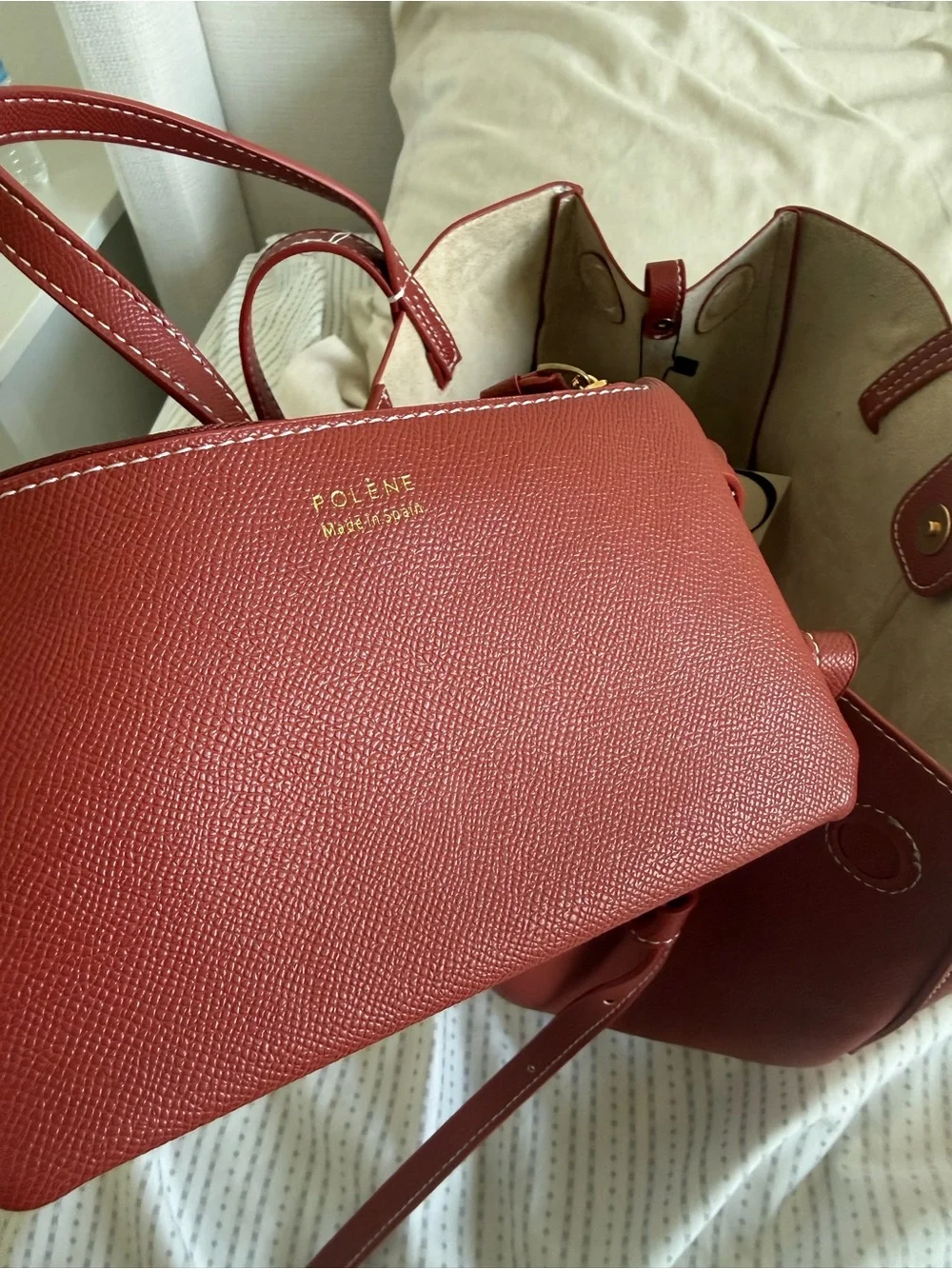 Polene Cyme Mini Red Clay Leather Tote Bag
